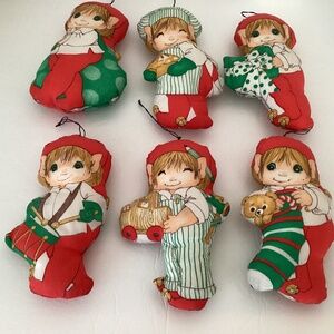 Vintage Lot of 6 Christmas Elf Fairy Hand Sewn Fabric Soft Ornaments